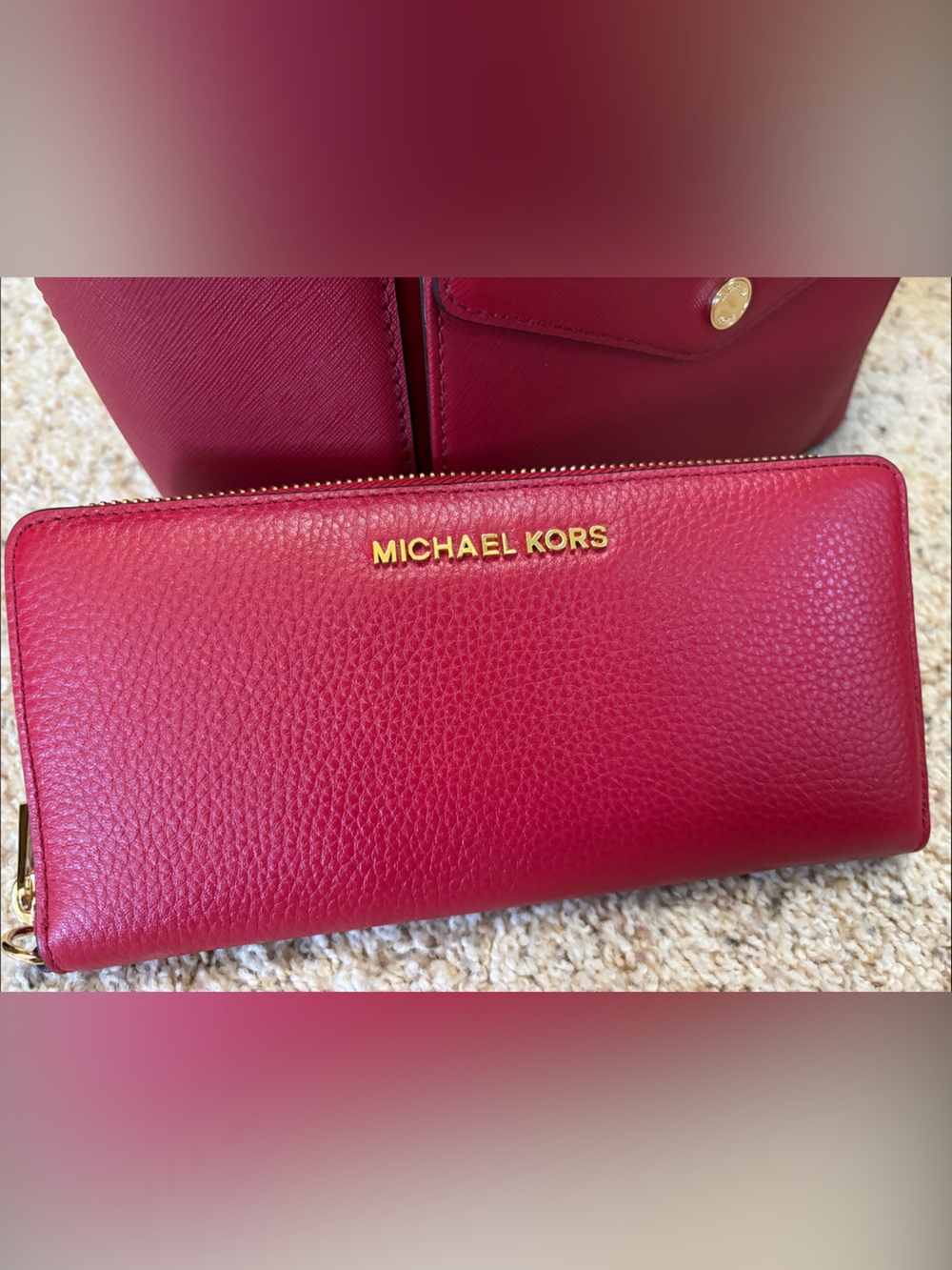Michael Kors Red Pebbled Leather Zip-Around Wallet with Gold Logo